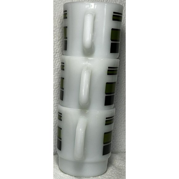 Fire King Coffee Cup Mug Wide Green Black Bands Vintage Anchor Hocking Set Of 3 - Picture 2 of 9